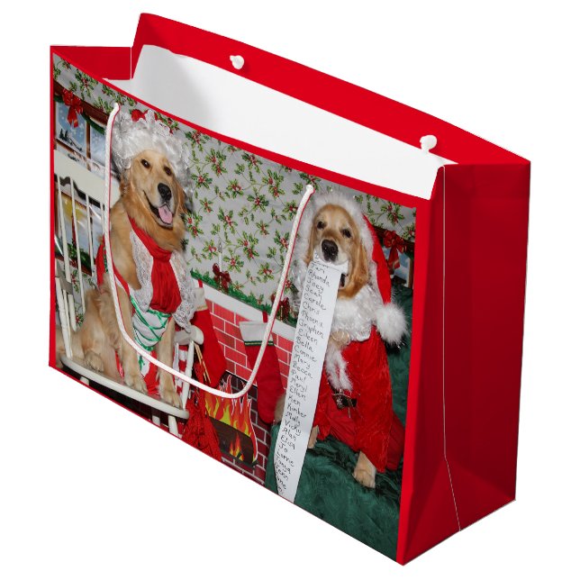 Sacola Para Presentes Grande Papai noel do golden retriever e Sra. Claus (Frente inclinada)