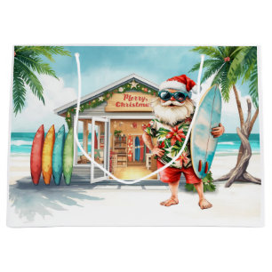 Sacola Para Presentes Grande Papai Noel do Havaí segurando prancha de surfe no