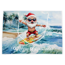 Sacola Para Presentes Grande Papai Noel surfando está em uma grande onda no Hav