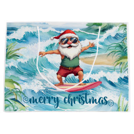 Sacola Para Presentes Grande Papai Noel surfando está em uma grande onda no Hav