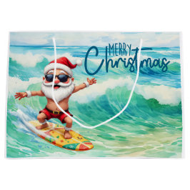Sacola Para Presentes Grande Papai Noel surfando está numa grande onda no Havaí