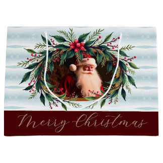 Sacola Para Presentes Grande Papai Noel Vintage Com Folhagens