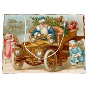 Sacola Para Presentes Grande Papais noeis de Vintage em Carros Dourados e Ângul