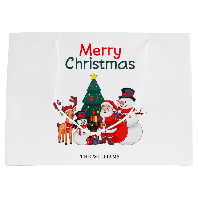 Sacola Para Presentes Grande Papais noeis Snowman E Reindeer Feliz Natal Festiv (Frente)