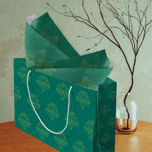 Sacola Para Presentes Grande Papel de seda verde-teal dourado damasco Vintage p