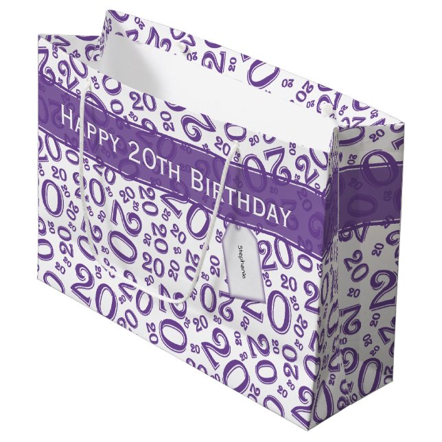 Sacola Para Presentes Grande Parabéns 20 Aniversário Roxo Púrpura Padrão (Frente inclinada)