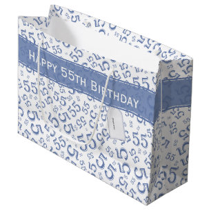 Sacola Para Presentes Grande Parabéns, 55 Anos, Padrão Numérico, Azul/Branco,