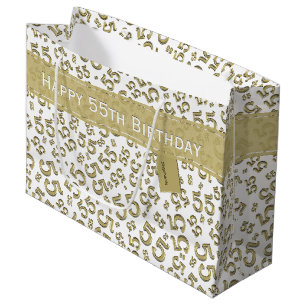 Sacola Para Presentes Grande Parabéns, 55 anos, padrão numérico Dourado/branco