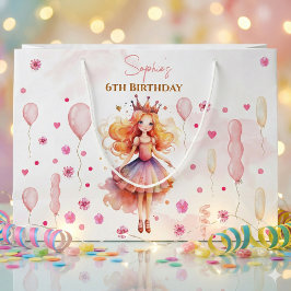Sacola Para Presentes Grande Parabéns de princesa rosa e balões