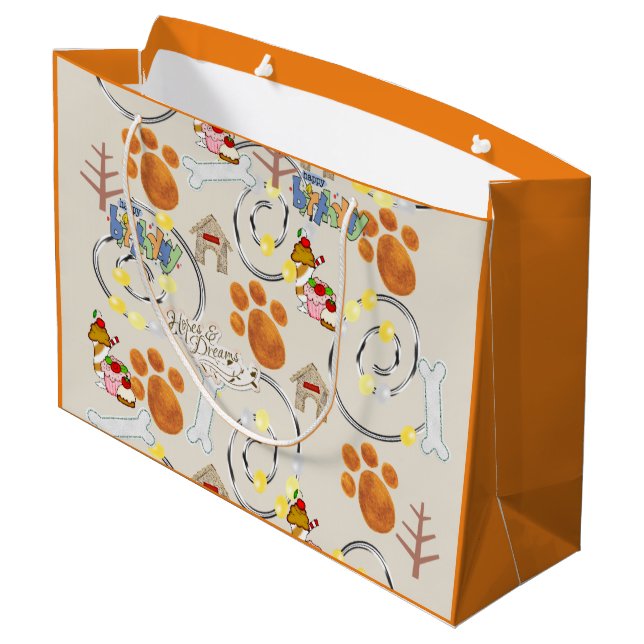 Sacola Para Presentes Grande Parabéns, presente, vamos pegar um cachorro (Verso inclinado)