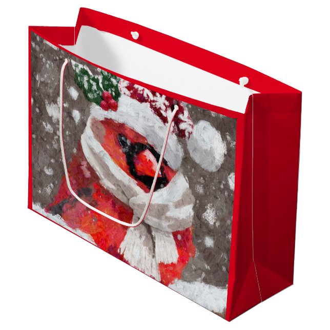 Sacola Para Presentes Grande Pássaro Cardinho Impressionista Scarf & Hat na Nev (Frente inclinada)