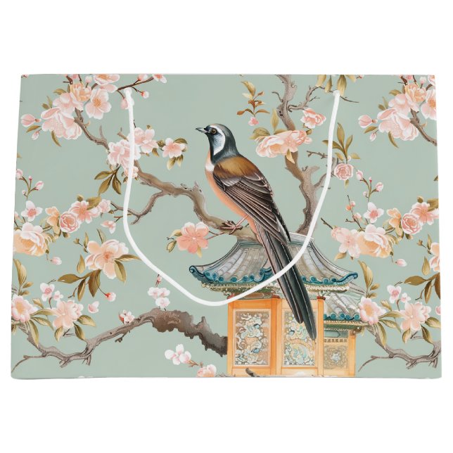 Sacola Para Presentes Grande Pássaro Oriental Pastel e Frutas (Frente)