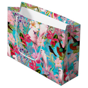Sacola Para Presentes Grande Pássaro Tropical Cor-De-Rosa E Padrões De Flor Orq