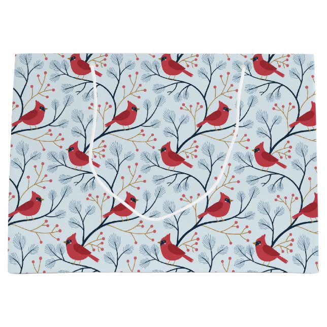 Sacola Para Presentes Grande Pássaro Vermelho Inverno (Frente)