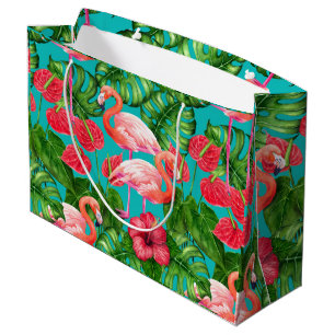 Sacola Para Presentes Grande Pássaros Flamingo e aquarela de jardim tropical