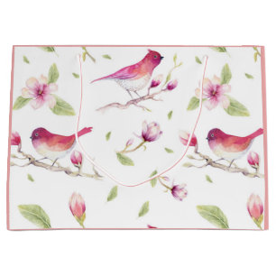 Sacola Para Presentes Grande Pássaros Flores Brancas Rosa Padrão Floral