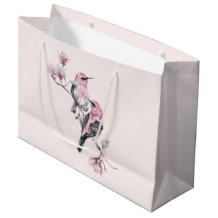 Sacola Para Presentes Grande Pássaros rosa e pretos em uma ramificação de árvor