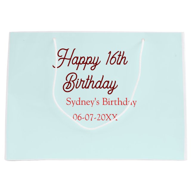 Sacola Para Presentes Grande Pastel blue red happy 16th birthday name date eleg (Frente)