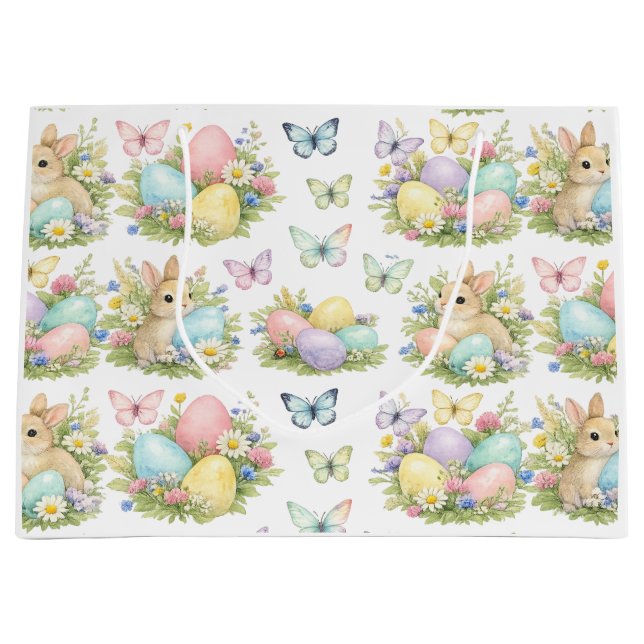 Sacola Para Presentes Grande Pastel Easter Eggs & Bunnies Flowers & Butterflies (Frente)