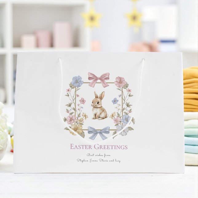 Sacola Para Presentes Grande Pastel Floral Bunny Easter Wishes Gift Bag (Criador carregado)