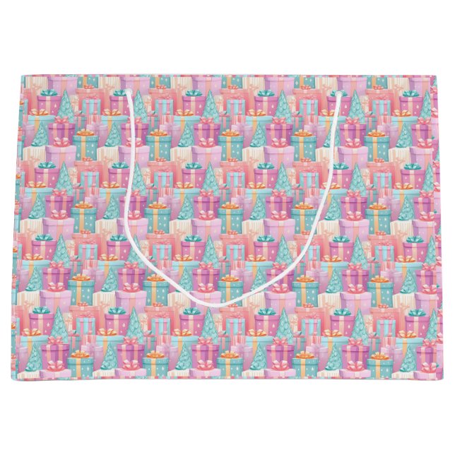 Sacola Para Presentes Grande Pastel Natal Presentes e Árvores (Frente)