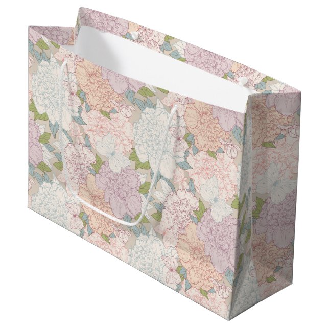 Sacola Para Presentes Grande Pastel Peony & Butterfly Flower Pattern (Frente inclinada)