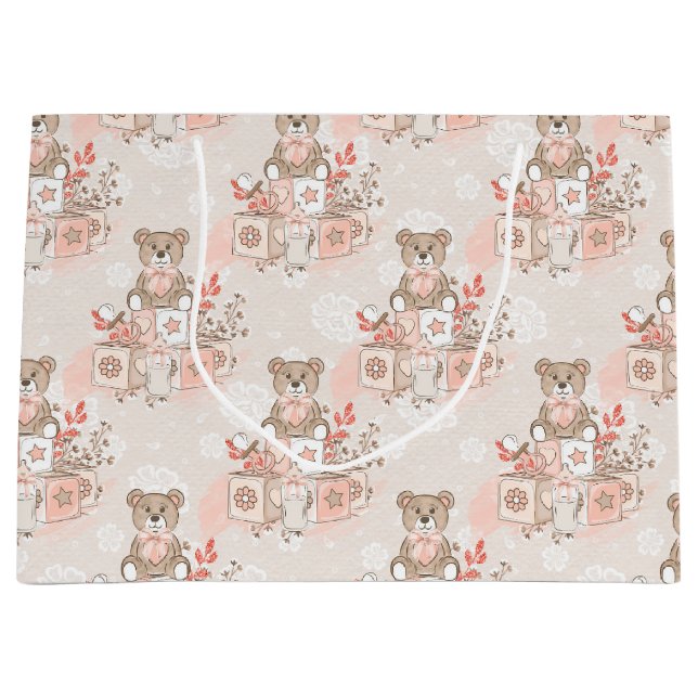 SACOLA PARA PRESENTES GRANDE PASTEL PINK BABY BLOQUEIA FLORES DE MANTEIRAS DE T (Frente)