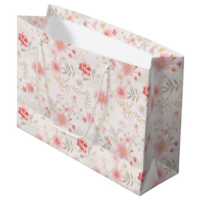 Sacola Para Presentes Grande Pastel Pink Red White Flowers Pattern (Frente inclinada)