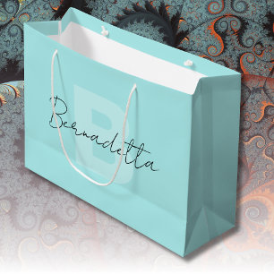 Sacola Para Presentes Grande Pastel Turquoise Script de Nome Manuscrito Elega