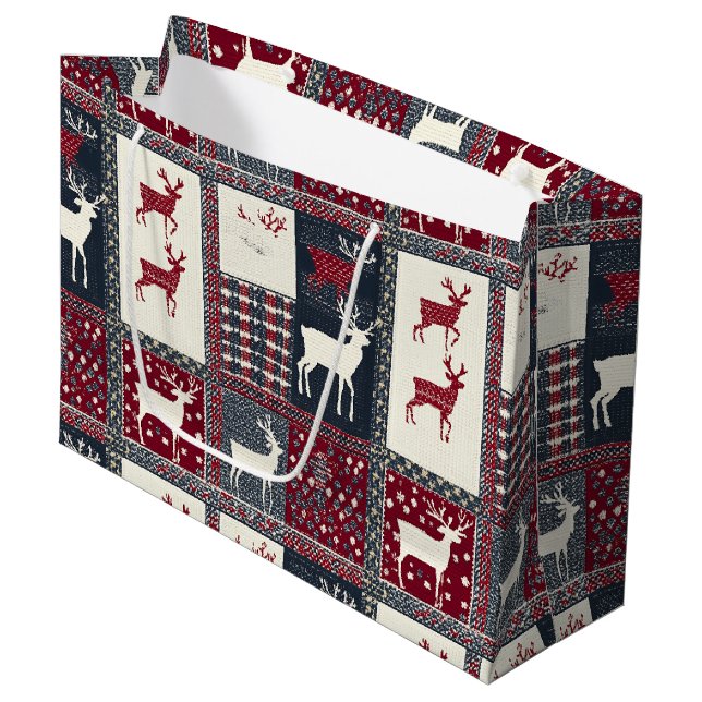 Sacola Para Presentes Grande Patchwork do Fair Isle Knited | Reindeer Russo (2) (Frente inclinada)