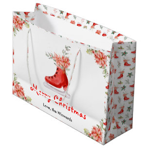 Sacola Para Presentes Grande Patins de Gelo Floral Vermelho Feliz Natal