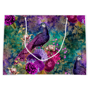 Sacola Para Presentes Grande Pavão roxo coroado com flores