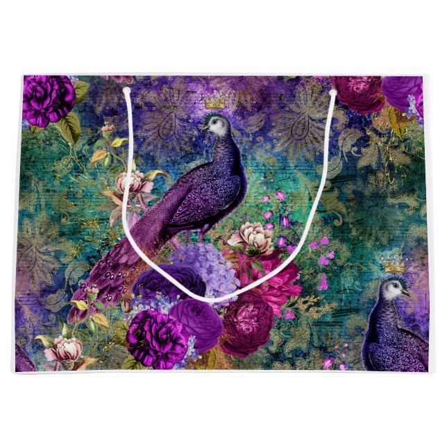Sacola Para Presentes Grande Pavão roxo coroado com flores (Frente)