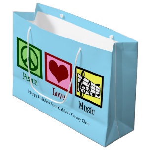 Sacola Para Presentes Grande Peace Love Music Custom Blue Natal