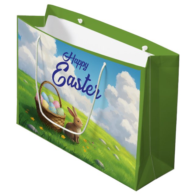 Sacola Para Presentes Grande Peaceful Easter Spring Meadow Bunny & Egg Basket (Frente inclinada)