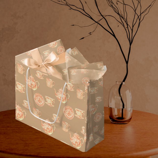 Sacola Para Presentes Grande  Peach White Ecru Chinoiserie Teapots Cups (Peach Chinoiserie on ecru background, simple elegance.)