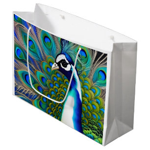 Sacola Para Presentes Grande Peacock Branco Azul e Verde
