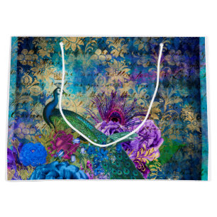 Sacola Para Presentes Grande Peacock Cortado na Floral Azul