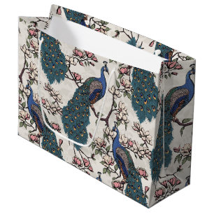 Sacola Para Presentes Grande Peacocks Florais Elegantes de Marfim e Flores de M