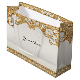 Sacola Para Presentes Grande Pearls Brancas do Ornamentado Dourado - Saco do Pr