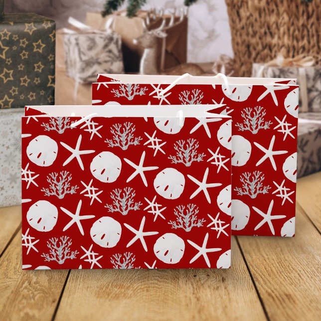 Sacola Para Presentes Grande Peixe-estrela de areia vermelho de Natal Tropical  (Criador carregado)