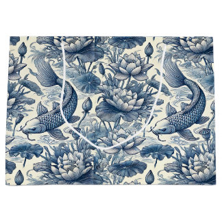Sacola Para Presentes Grande Peixe Koi e Lírio de Água Azul Chinoiserie Toile
