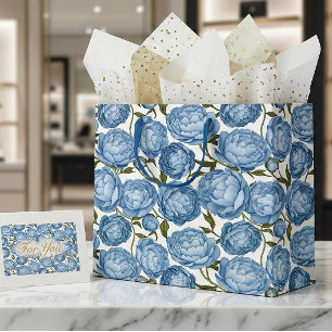 Sacola Para Presentes Grande Peônia Floral de Luxo Azul Claro