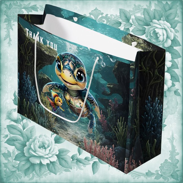 Sacola Para Presentes Grande Pequena tartaruga marinha explorando com sua amiga (Criador carregado)