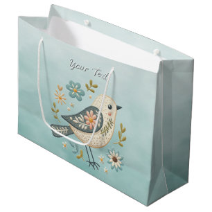 Sacola Para Presentes Grande Pequeno Saco Bag Floral de Pássaro Verde