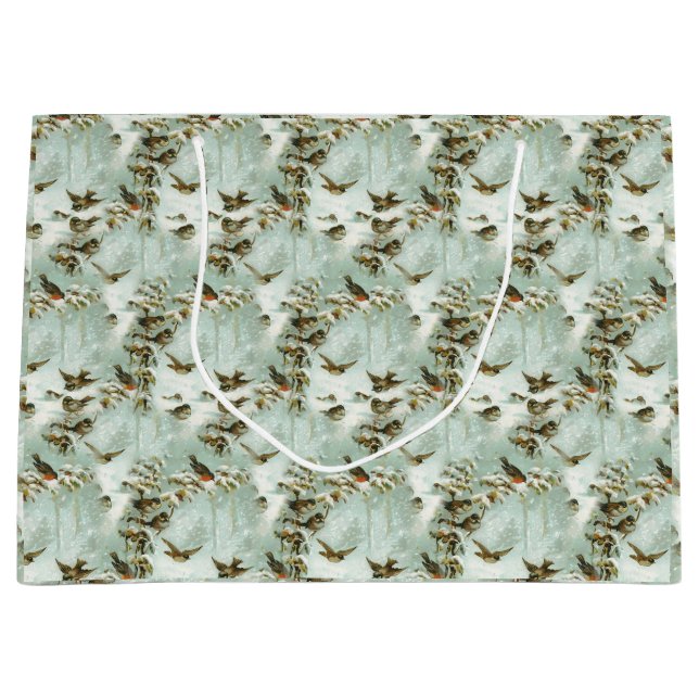 Sacola Para Presentes Grande Pequenos Pássaros na Neve (Frente)