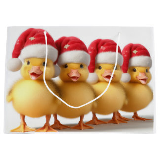Sacola Para Presentes Grande Pequenos patos bonitos com chapéus de santa