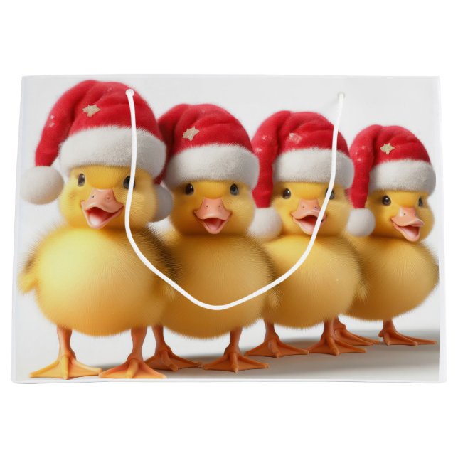 Sacola Para Presentes Grande Pequenos patos bonitos com chapéus de santa (Frente)