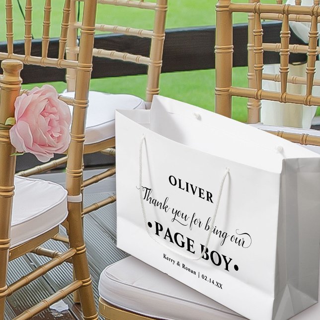 Sacola Para Presentes Grande Personalizado Page Boy Black and White Obrigado (Black and White Wedding Thank You Gift Bag for Page Boy)