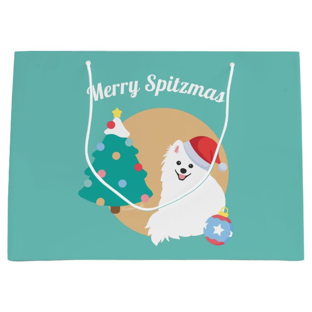 Sacola Para Presentes Grande Personalizável - Bom Natal para o Cão-Spitz Japonê (Frente)